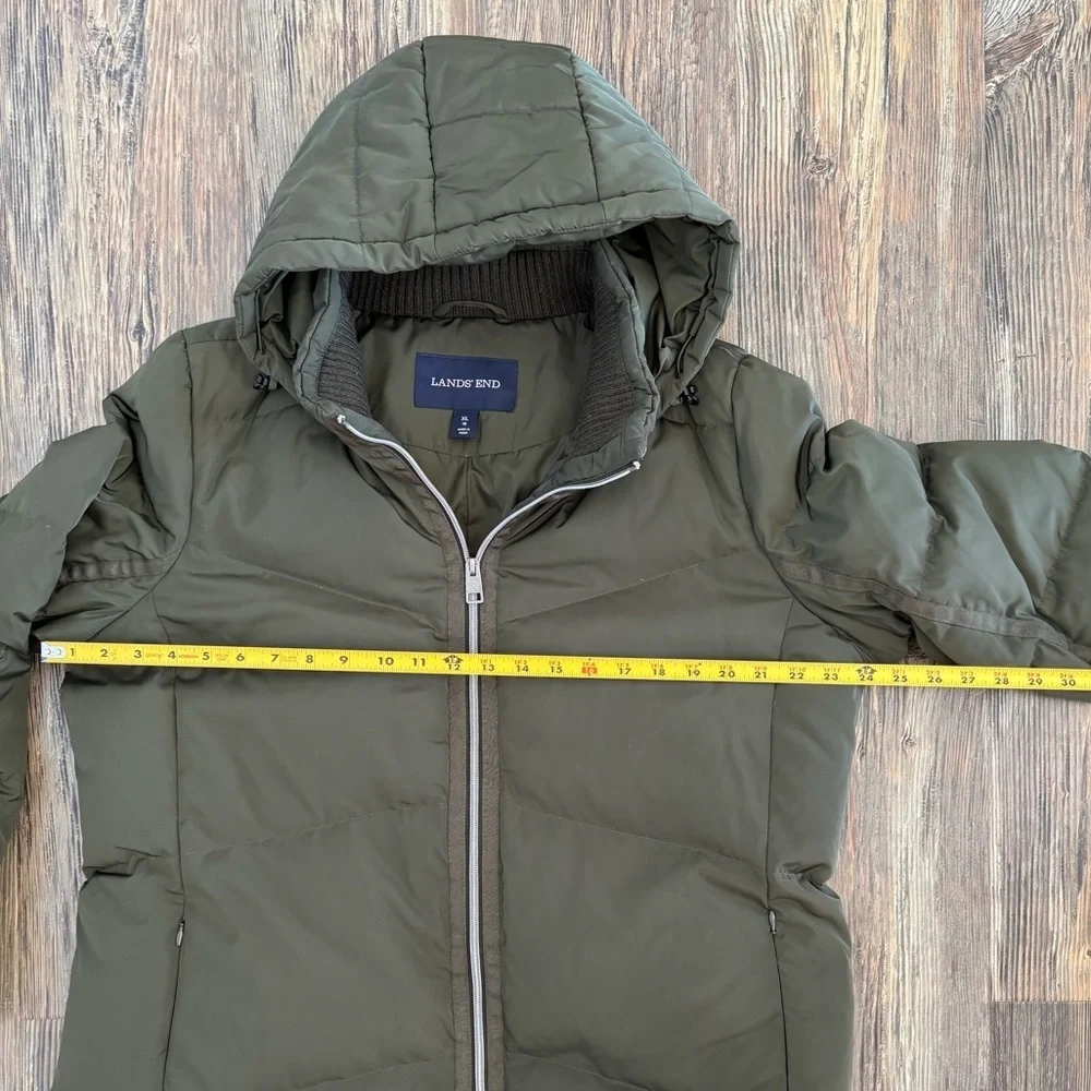 Lands’ End Hooded Quilted Down Puffer Jacket XL Olive Green 38” Long Two-Way Zip - Picture 6 of 14